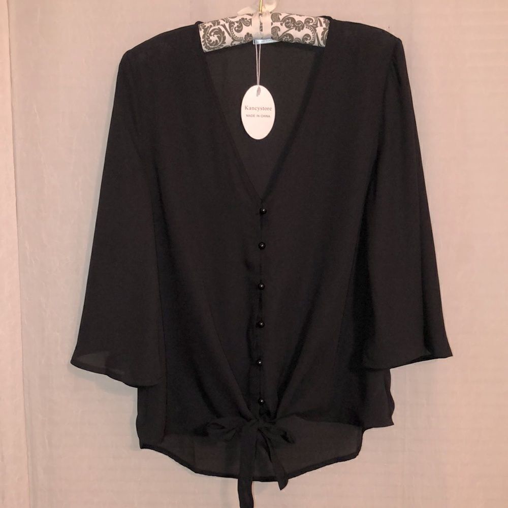 Kancystore M Black Button Front V-Neck Bell Quarter Sleeve Tie Front Blouse